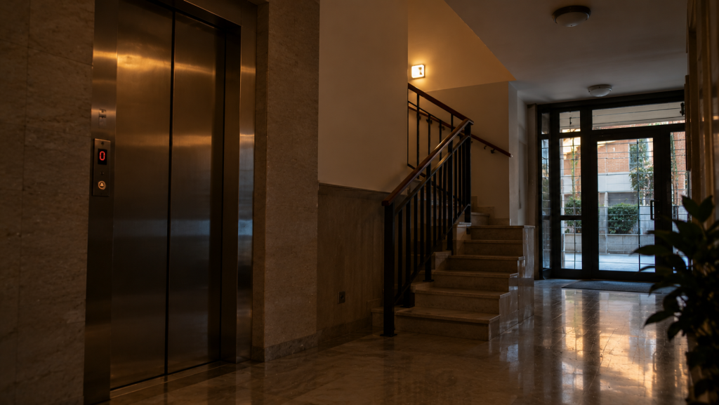 Portal de una comunidad de propietarios con ascensor y acceso al garaje durante un corte de luz